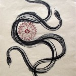 Twosnakes flower, lithography and chine colle on BFK, 15"x11", 2009.